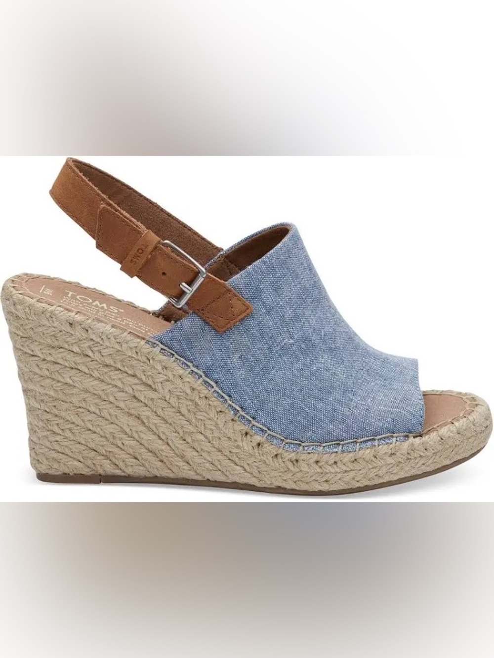 TOMS Monica Wedged Chambray Sandals Espadrille  Sz 7.5 Summer Preppy Resort